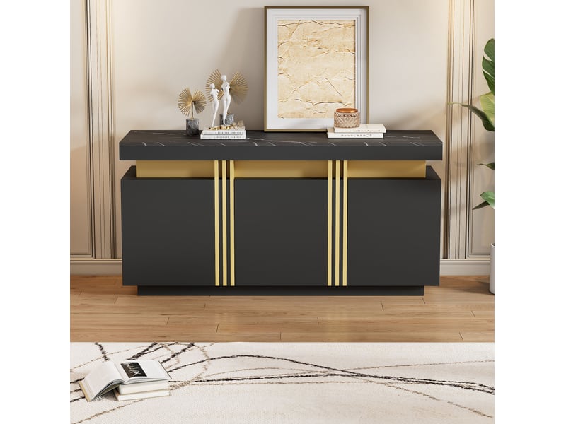  Sideboard noir et doré 3 portes avec 6 compartiments réglables - 140 x 38 x 70 cm  - Conforama D