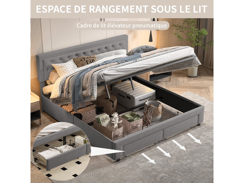  Lit double coffre 180x200, rangement hydraulique sous le lit, 2 tiroirs au pied, sommier à lattes, tissu velours, gris  - Conforama E