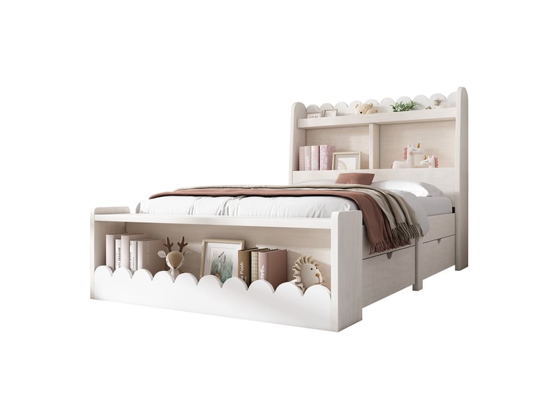 Lit enfant 90 x 190 cm avec 2 tiroirs, bois massif + mdf, blanc et effet chêne - Conforama A