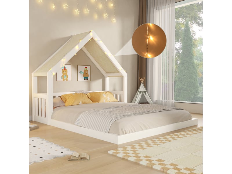  Lit cabane 140x200 avec toit en tissu et guirlande lumineuse evryae  - Conforama D