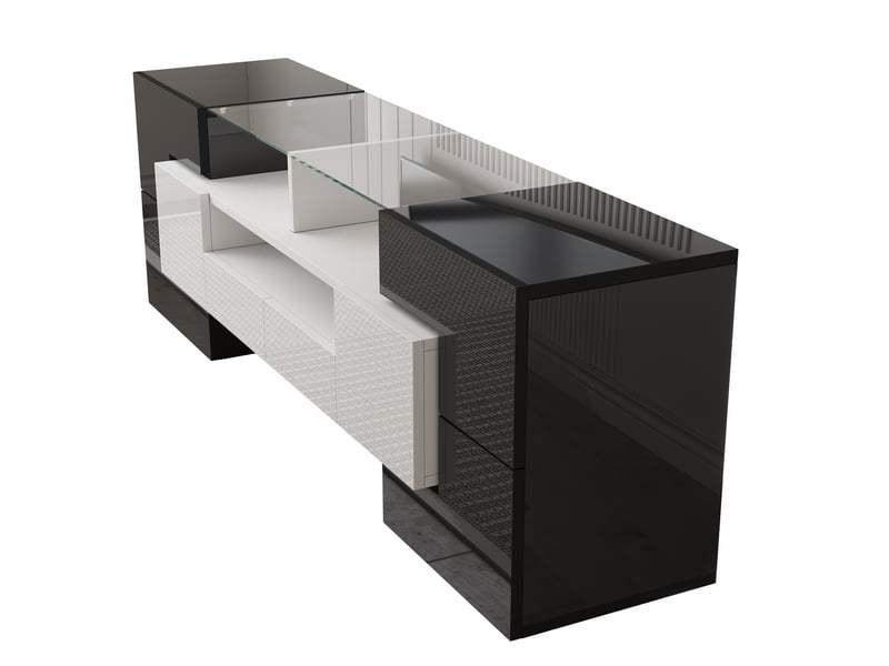  Meuble tv blanc brillant et béton 145 cm avec éclairage led multicolore et surface en verre  - Conforama E