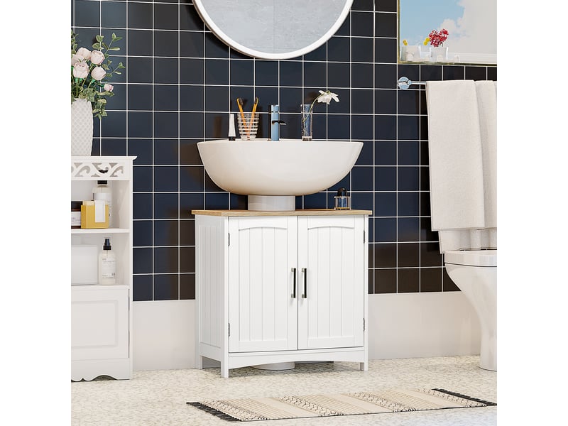  Meuble sous lavabo salle de bains blanc et bois, 2 portes, 60 x 33 x 60 cm  - Conforama C