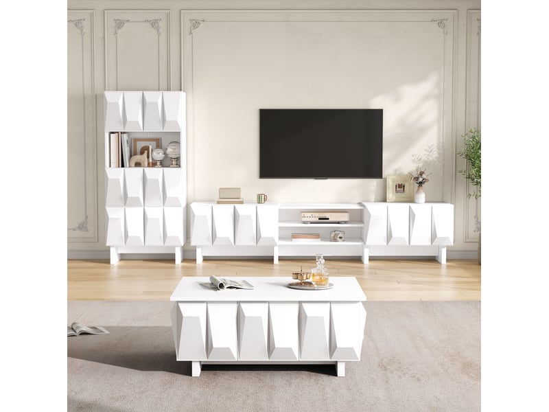  Ensemble salon 3 pièces, meuble tv 180 cm, vitrine 60,5 cm, table basse 95 cm, façades 3d, panneaux de particules blanc  - Conforama E