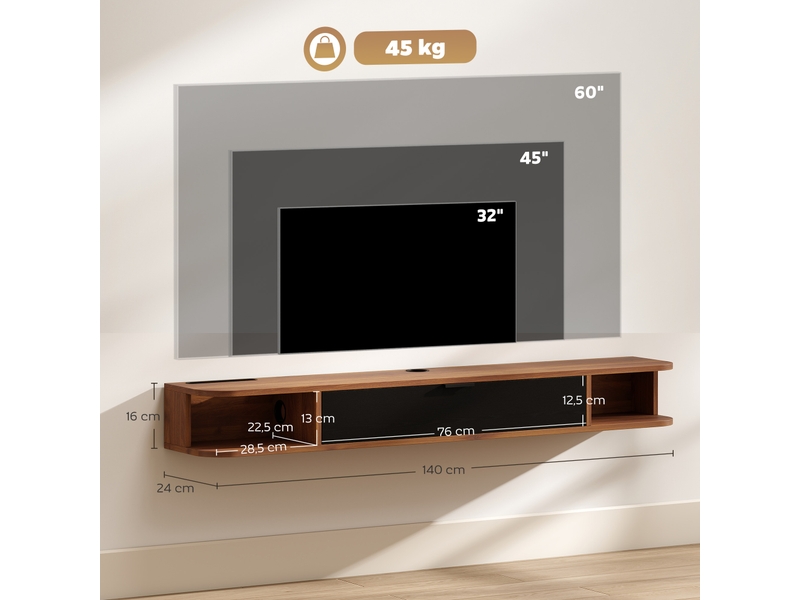  Meuble tv suspendu, meuble télé pour téléviseur jusqu'à 60 pouces, tiroir rabattable, 2 étagères, 140x24x16cm, noyer  - Conforama C