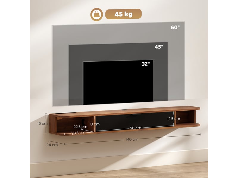  Meuble tv suspendu, meuble télé pour téléviseur jusqu'à 60 pouces, tiroir rabattable, 2 étagères, 140x24x16cm, noyer  - Conforama C