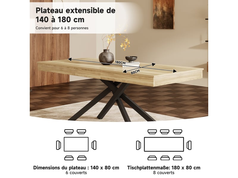  Table de cuisine rectangulaire avec allonge naturel - 80x140-180max.cm mdf table naturel - Conforama E
