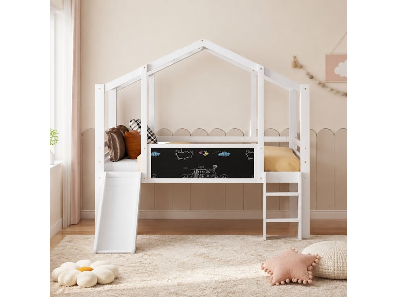  Lit mezzanine enfant 90x200 cm avec toboggan, échelle et tableau, blanc  - Conforama C