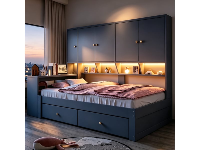  Lit combiné 90 x 200 cm gris en mdf, avec bureau intégré, rangements, led et prises électriques pour chambre  - Conforama B