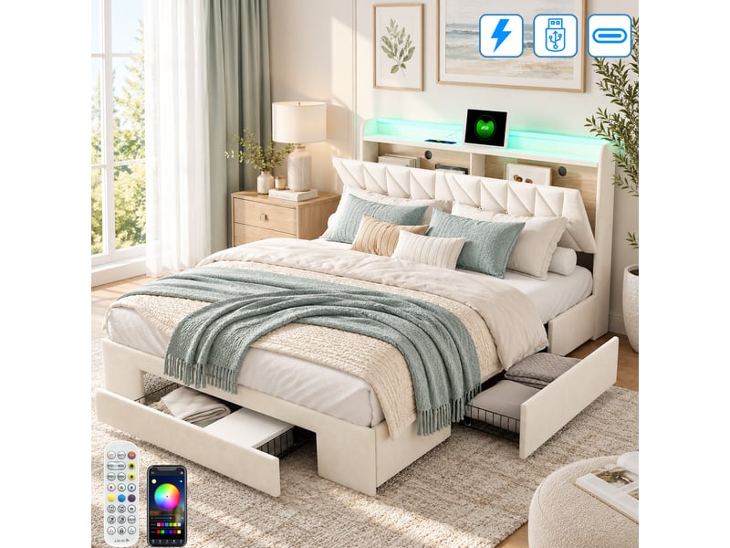  Lit 2 personnes 140x190 cm avec 3 tiroirs de rangement, lit adulte avec led et ports usb type-c, sommier à lattes, velours, beige  - Conforama B