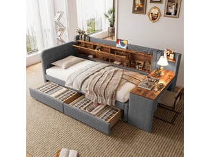 Lit avec rangement 90x200 cm <strong>MERAX</strong>  <strong>lit enfant gris</strong> coloris gris