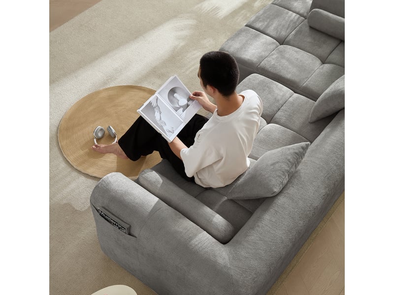 Canapé d'angle chenille gris clair 4 places 263 cm - assise ergonomique et poche latérale - Conforama R