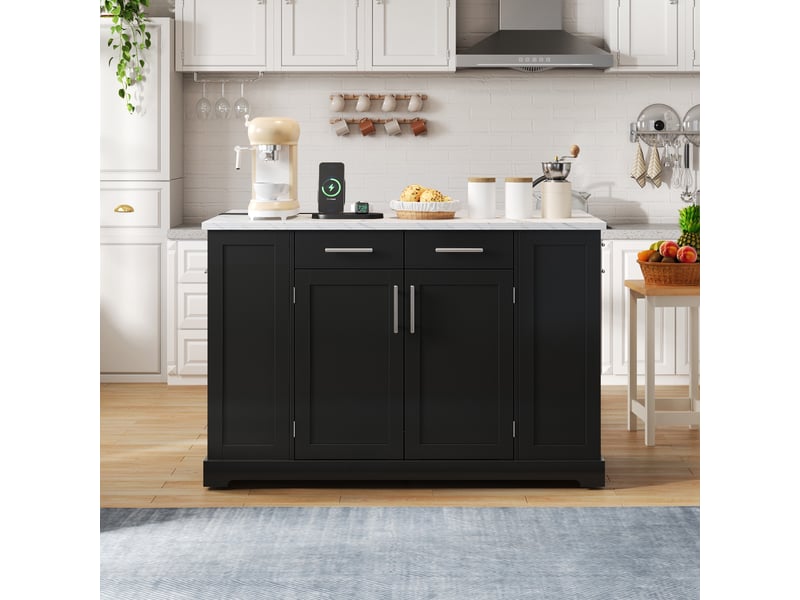  Ilot central de cuisine - 138x86x92cm- desserte de cuisine avec plateau marbre, prises, roulettes et poubelle - noir  - Conforama B