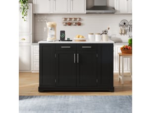 Ilot central de cuisine - 138x86x92cm- desserte de cuisine avec plateau marbre, prises, roulettes et poubelle - noir