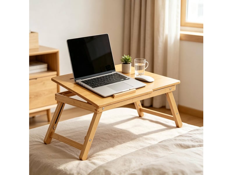  Table de lit pliable réglable en bambou 55 x 35 cm avec tiroir et plateau inclinable  - Conforama D