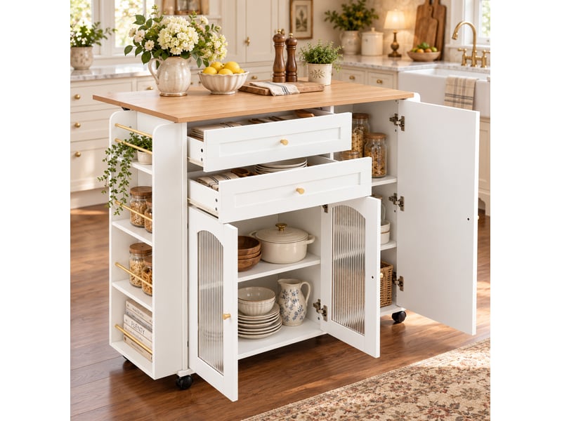  Desserte de cuisine avec plateau rabattable 128x70x99 cm blanche et naturelle  - Conforama W