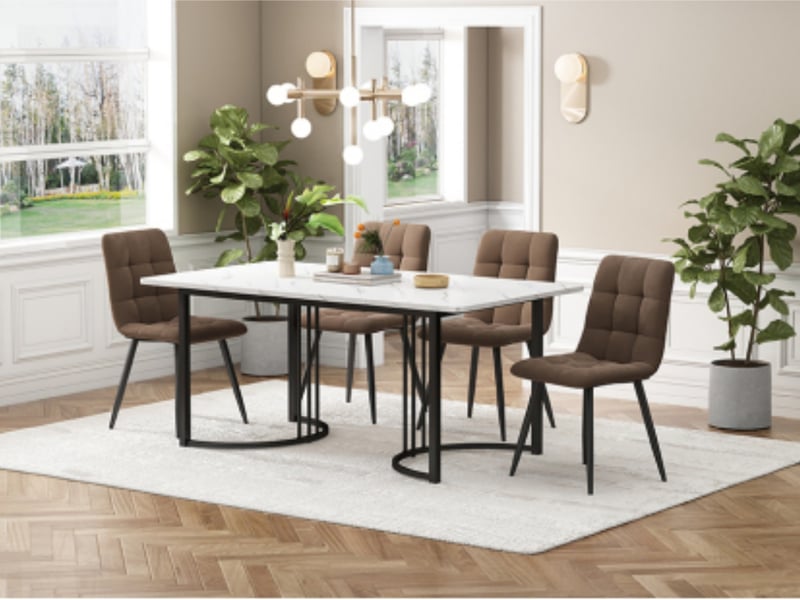  Ensemble table à manger et de 4 chaises, table de cuisine 140 × 80 cm avec pieds en métal noir, mdf, marron et blanc  - Conforama B