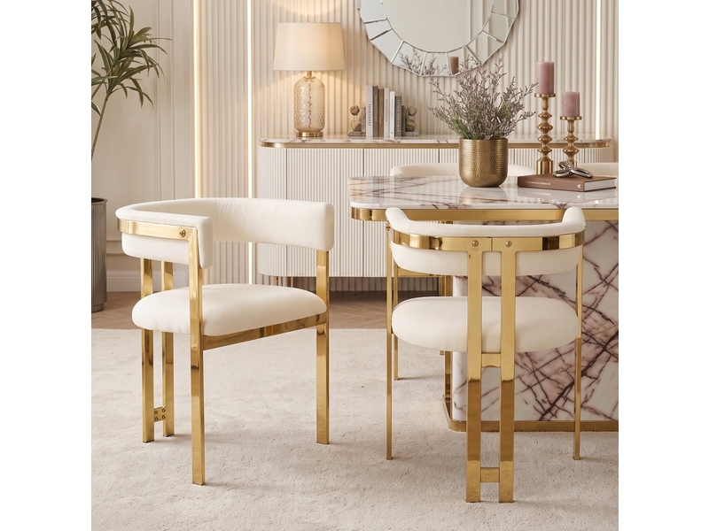  Lot de 6 chaises de salle à manger avec dossier incurvé et structure métallique dorée, en chenille beige et doré  - Conforama D