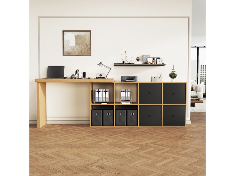  Bureau d'angle pivotant 360 en l, bureau informatique modulable avec 4 tiroirs et compartiments, plateau renforcé de 4 cm, noir et chêne  - Conforama D