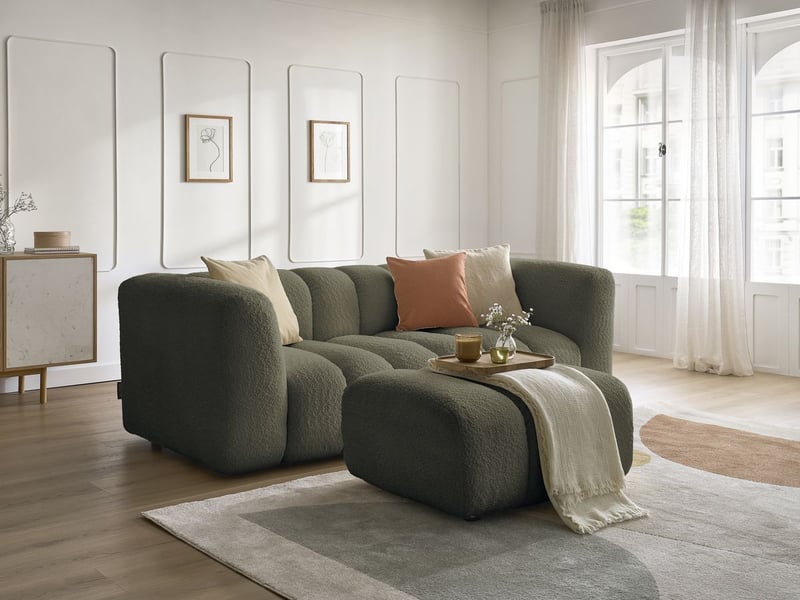  Bobochic canapé droit fixe 3 places talia tissu bouclette avec pouf vert TALIA - Conforama B