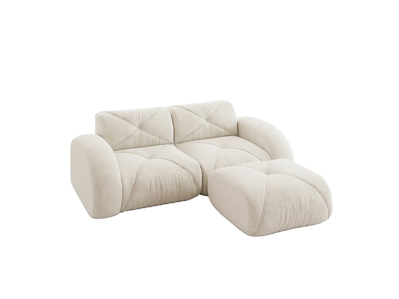  Canapé modulaire 2 places avec pouf, assise en mousse haute densité et tissu chenille beige clair  - Conforama A