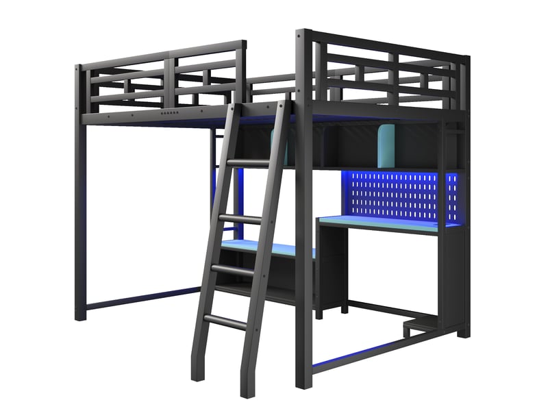  Lit superposé en métal 140x200 avec bureau style gaming, éclairage led et étagères de rangement, noir et bleu  - Conforama E