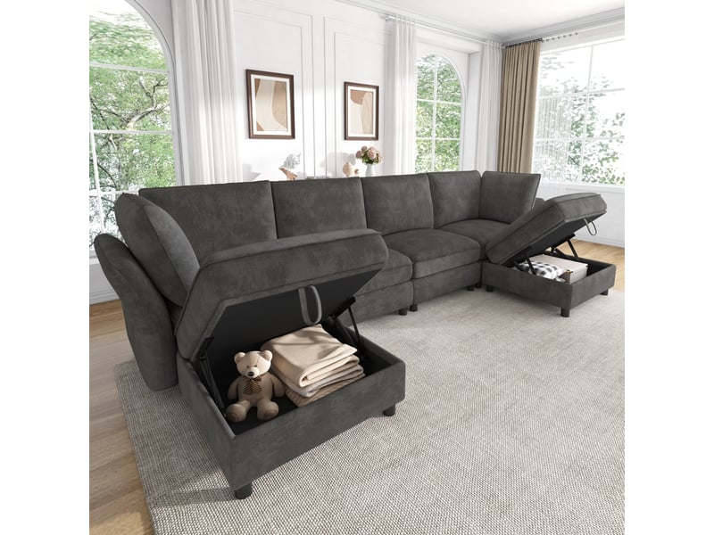  Canapé d'angle, canapé modulable, 6 places, en tissu chenille, gris, avec pouf, style cloud, pour salon, appartement, chambre  - Conforama A