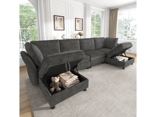 Canapé d'angle, canapé modulable, 6 places, en tissu chenille, gris, avec pouf, style cloud, pour salon, appartement, chambre