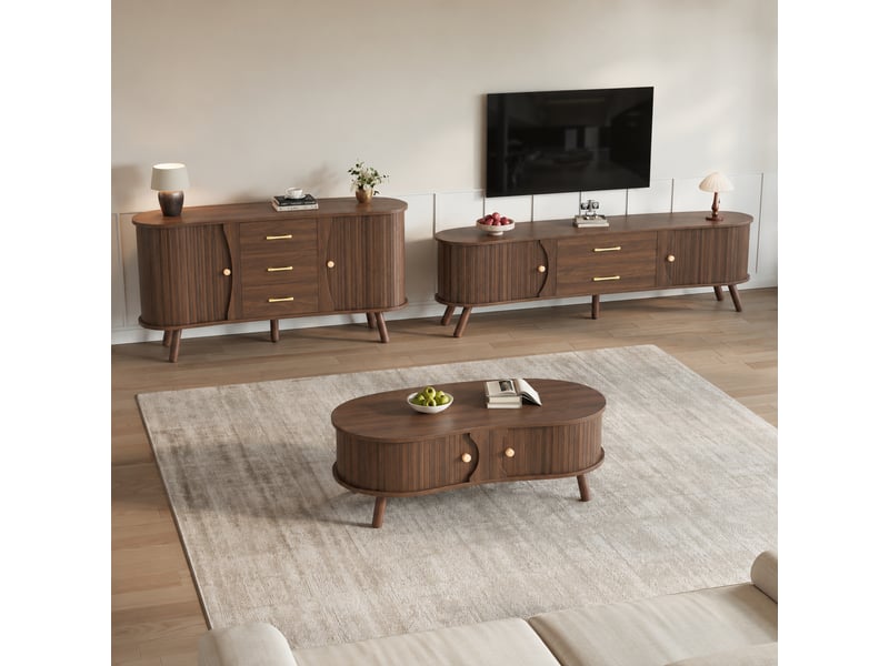  Ensemble de meubles de salon 3 pièces effet noyer, meuble tv 160 cm, buffet 150 cm, table basse 108 cm et portes coulissantes rainurées  - Conforama E