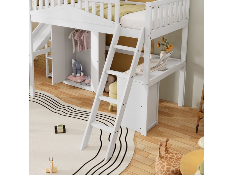  Lit superposé enfant 90x200 cm avec toboggan, bureau et armoire, bois et mdf, blanc, sans matelas  - Conforama R