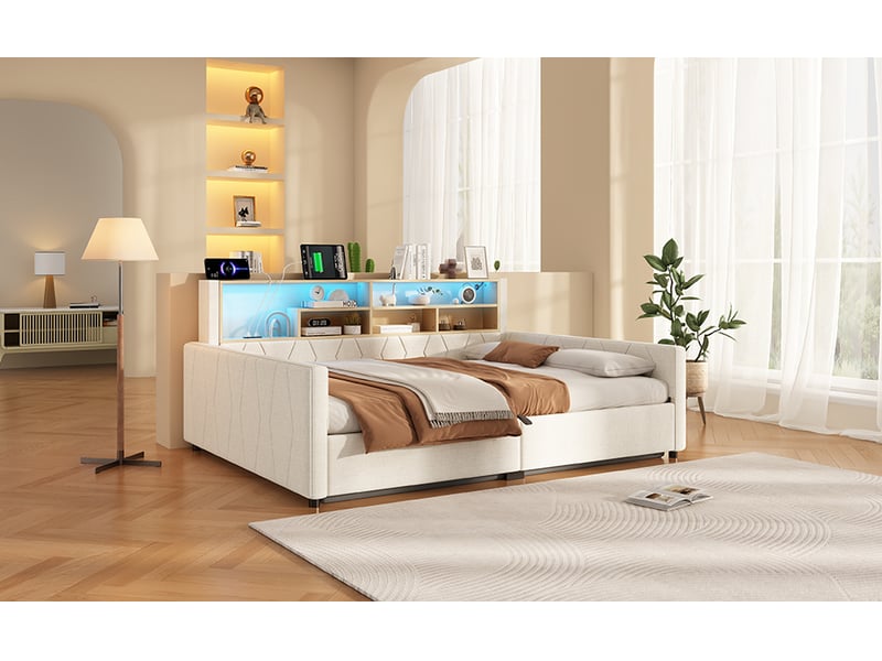 Lit coffre banquette 140 × 200 cm en tissu beige, relevage hydraulique, rangements, ports usb-a et usb-c, led - Conforama B