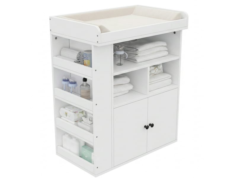  Table à langer bébé 2-en-1 82x50x100 cm, meuble de rangement, barrière amovible, deux portes, mdf blanc  - Conforama A