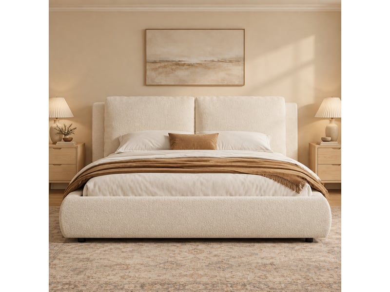  Lit double 180 x 200 cm beige bouclé avec sommier à lattes et tête de lit rembourrée  - Conforama C
