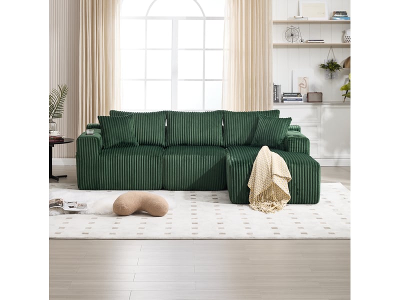 Canapé modulable 3 places 257x160x62 cm avec chaise longue, velours côtelé, vert émeraude - Conforama B