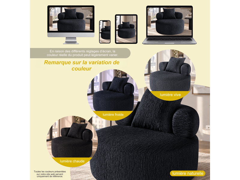 Fauteuil rond fixe 1 place en chenille noire 100 x 100 x 65 cm, mousse haute densité, avec coussin, salon bureau 100X100X65cm - Conforama E