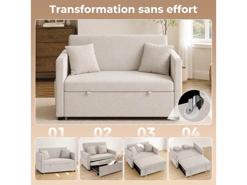 Canapé convertible inclinable réglable 2 places 2 coussins pochettes velours beige - Conforama E