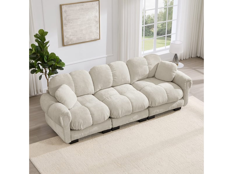  Canapé 3 places effet nuage en tissu chenille kaki clair, assises épaisses, dossier ergonomique et 2 coussins décoratifs SF20260031004 - Conforama E