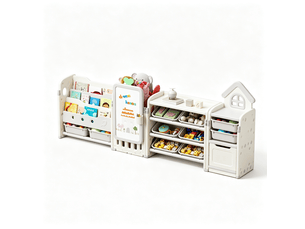 Meuble de rangement pour jouets d'enfants avec 10 caisses amovibles, 222 x 32 x 91 cm, beige