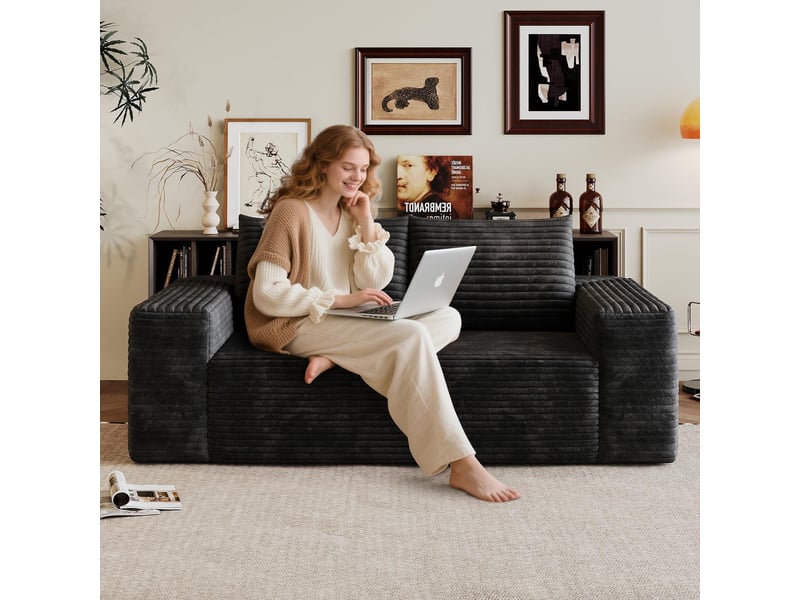  Canapé compressé 2 places 180x90x83 cm - velours côtelé - éponge à haute élasticité - 2 coussins - noir - salonchambre  - Conforama D