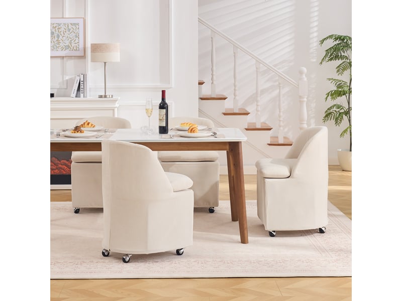  Chaise de salle à manger lot de 2 à roulettes 360°  - housse amovible, chenille - beige  - Conforama C
