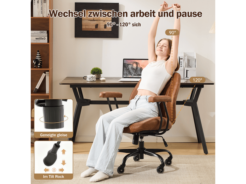  Chaise de bureau ergonomique avec soutien lombaire, hauteur réglable, roulettes et accoudoirs amovibles, cuir marron  - Conforama B