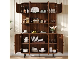 Armoire haute en noyer buffet avec façade en rotin meuble de rangement 8 portes 120x180cm