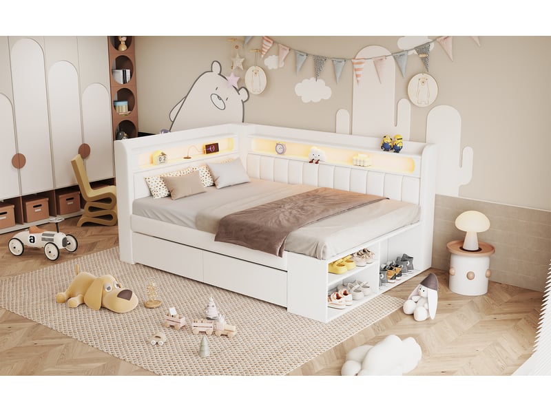  Lit banquette 90 × 200 cm, meuble à chaussures, 2 tiroirs, éclairage led et port usb, dossier rembourré en lin, blanc  - Conforama B