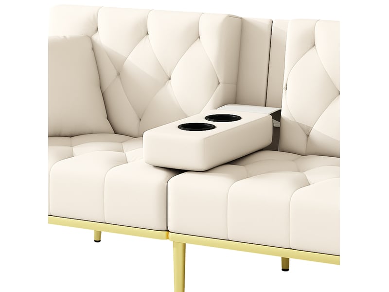 Canapé-lit 2 places 175x80x73,5cm 3 positions porte-gobelet escamotable poche latérale pieds dorés velours beige - Conforama R