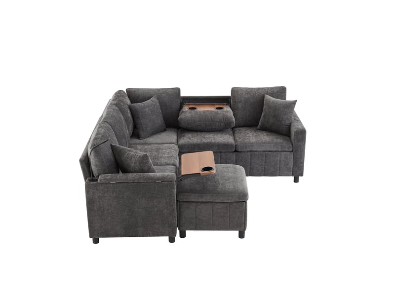  Canapé d'angle, canapé convertible – en chenille, port usb, 205×205×85cm, avec pouf, porte-gobelets, gris  - Conforama B