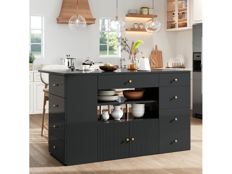  Desserte de cuisine 140x40-70x90.5 cm, 6 tiroirs et tabouret de rangement, mdf et métal, couleur noir  - Conforama E