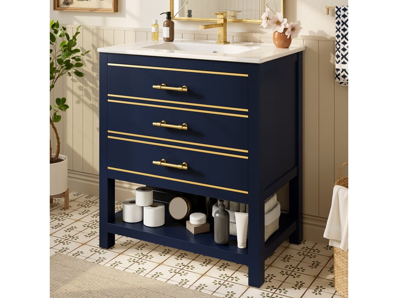 Meuble sous vasque 76x46,5x86 cm en mdf bleu noir avec vasque céramique, 2 tiroirs et niche - Conforama B