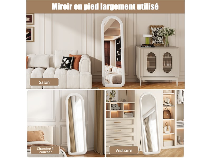  Miroir sur pied 160x50 cm blanc,miroir décoratif ,grand miroir mural avec cadre en flanelle,verre trempé,arqué  - Conforama R