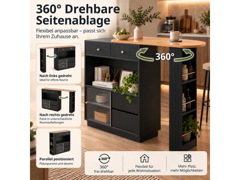  Îlot de cuisine 120x30x100 cm extensible pivotant à 360° avec led noir  - Conforama E