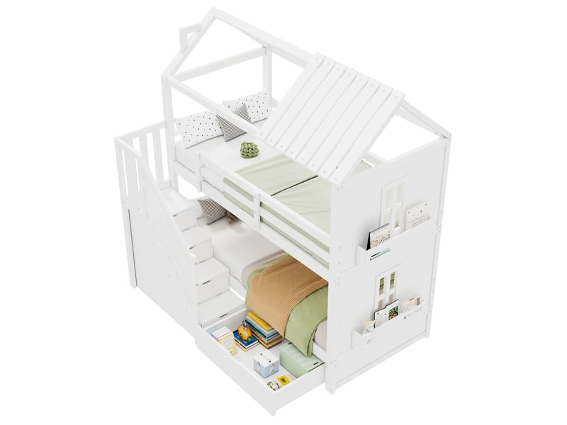  Lit superposé enfant 90x200 multifonction blanc avec escalier de rangement et tiroirs  - Conforama A