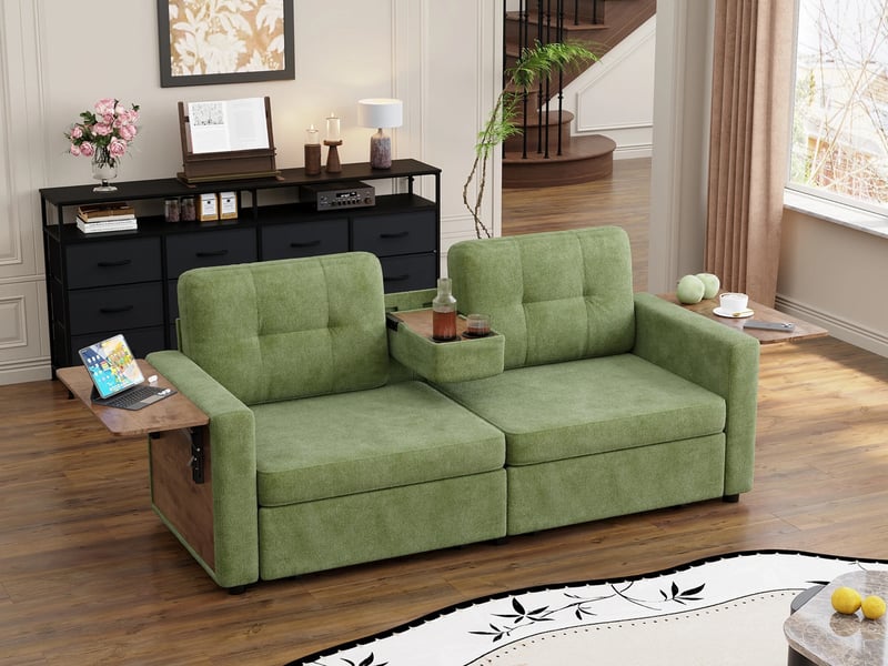 Canapé droit moderne en chenille,2 places,avec deux compartiments de rangement et siège réglable,178x71x57.5 cm,vert  - Conforama B